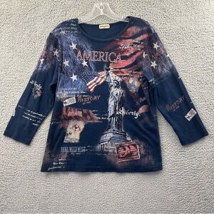Y2K Studio Gem Q Top America Lady‎ Liberty Rhinestone Patriotic USA Flag Women L